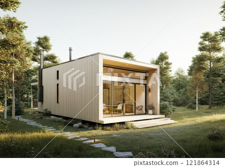 Modern house in forest landscape with large windows and minimalist design. Eco-friendly lifestyle 121864314