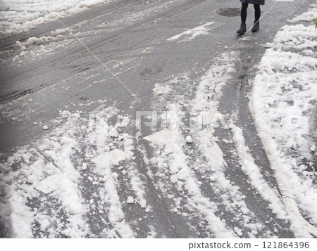 A person walking on a snowy road and multiple tire tracks 121864396