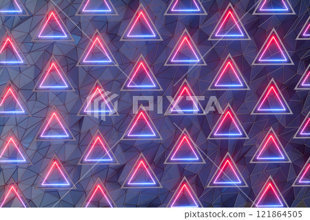 Repeating neon triangles with grid background, 3d Repeating neon triangles with grid background, 3d 121864505