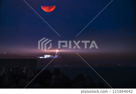 Winter Night Moon and Lighthouse Glow at Fugui Cape, Taiwan. Winter Night Moon and Lighthouse Glow at Fugui Cape, Taiwan. 121864642