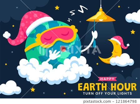 Happy Earth Hour Day Vector Illustration Featuring a Cloud, Light Bulb, World Map, and the Theme of Turning Off Lights in a Flat Cartoon Background 121864798