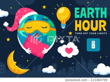 Happy Earth Hour Day Vector Illustration Featuring a Cloud, Light Bulb, World Map, and the Theme of Turning Off Lights in a Flat Cartoon Background 121864799