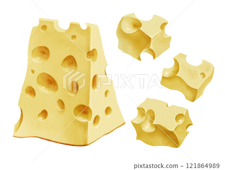 Realistic slice of yellow cheese with holes, isolated on a white background. Can be used for packaging designs, food blogs, recipe cards, or as an illustration in cookbooks and nutritional guides. Realistic slice of yellow cheese with holes, isolated on a white background. Can be used for packaging designs, food blogs, recipe cards, or as an illustration in cookbooks and nutritional guides. 121864989