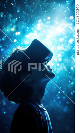 Child wearing virtual reality headset in blue light 121865349