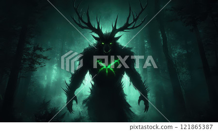 dark forest creature with glowing green markings dark forest creature with glowing green markings 121865387