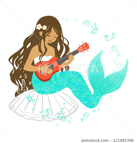 Hand drawn illustration of a mermaid woman playing the ukulele Hand drawn illustration of a mermaid woman playing the ukulele 121865396
