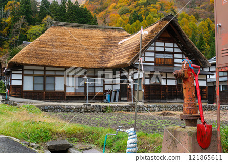 茅草屋頂和消防栓 茅草屋頂和消防栓 121865611