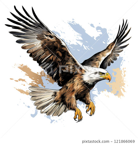Dynamic illustration of soaring bald eagle with spread wings against watercolor splash background, detailed vector art style. Bird. Wildlife Animals. Dynamic illustration of soaring bald eagle with spread wings against watercolor splash background, detailed vector art style. Bird. Wildlife Animals. 121866069