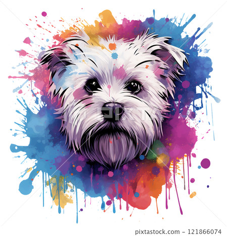 A playful Maltese dog portrait with vibrant watercolor splashes, perfect for pet-themed designs, greeting cards, and social media. Pet. Animals. 121866074