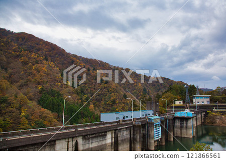 Dam lake and countryside in autumn Dam lake and countryside in autumn 121866561