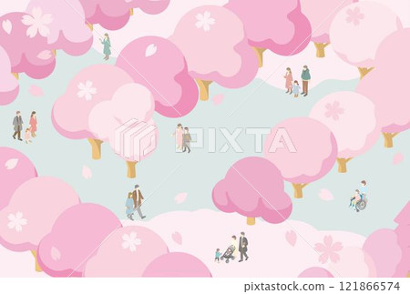 Isometric people, family, kids, spring, cherry blossom viewing, cherry blossom, background, illustration material 121866574