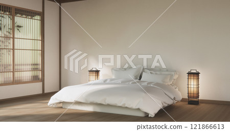 Bedroom minimal style. Modern white wall and wooden floor, room minimalist. 121866613