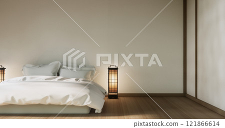 Bedroom minimal style. Modern white wall and wooden floor, room minimalist. 121866614