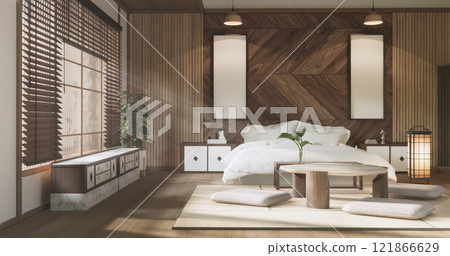 Bedroom minimal style. Modern white wall and wooden floor, room minimalist. 121866629
