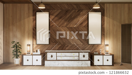 Modern Cabinet wood design on white wall room scene. 121866632
