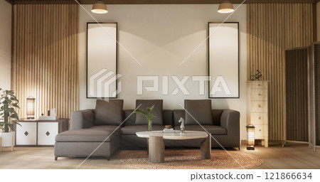 Scene living room have sofa and decoration wooden japanese  minimalist design. 121866634