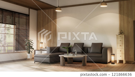 Scene living room have sofa and decoration wooden japanese  minimalist design. 121866636