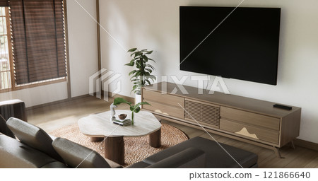 Scene living room have sofa and decoration wooden japanese  minimalist design. 121866640