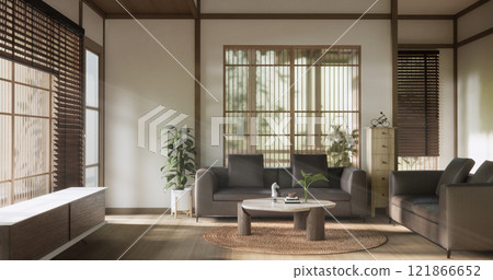 Scene living room have sofa and decoration wooden japanese  minimalist design. 121866652