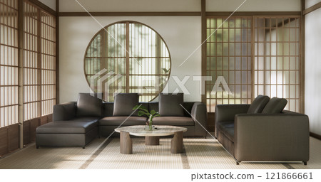 Scene living room have sofa and decoration wooden japanese  minimalist design. 121866661