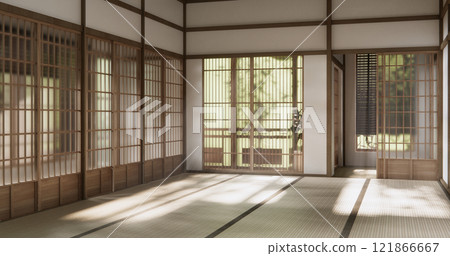 Scene empty room modern with tatami mat floor, interior japanese traditional style. 121866667