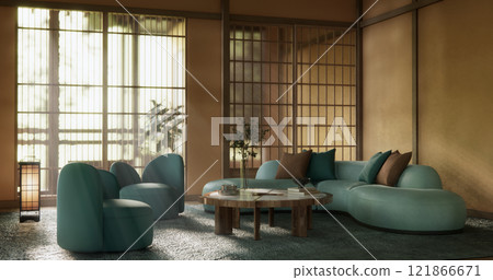 Mocha concept Scene living room have green sofa and decoration wooden minimalist design, room japanese style. 121866671