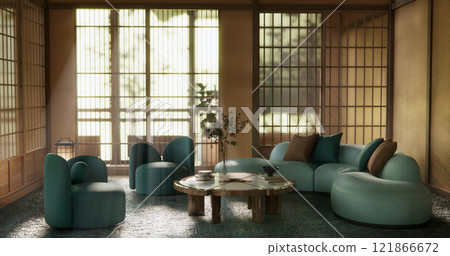 Mocha concept Scene living room have green sofa and decoration wooden minimalist design, room japanese style. 121866672