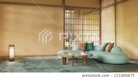 Mocha concept Scene living room have green sofa and decoration wooden minimalist design, room japanese style. 121866675