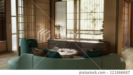 Mocha concept Scene living room have green sofa and decoration wooden minimalist design, room japanese style. 121866687