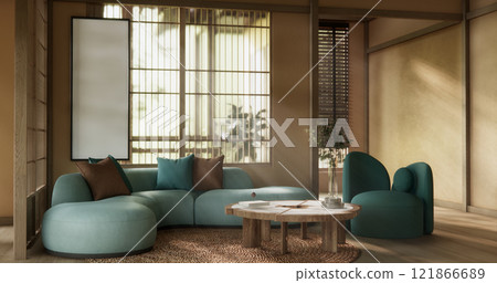 Mocha concept Scene living room have green sofa and decoration wooden minimalist design, room japanese style. 121866689