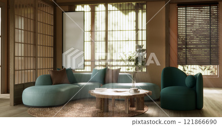 Mocha concept Scene living room have green sofa and decoration wooden minimalist design, room japanese style. 121866690