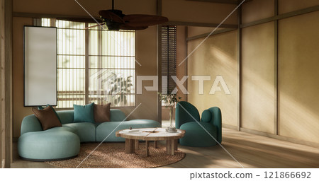 Mocha concept Scene living room have green sofa and decoration wooden minimalist design, room japanese style. 121866692