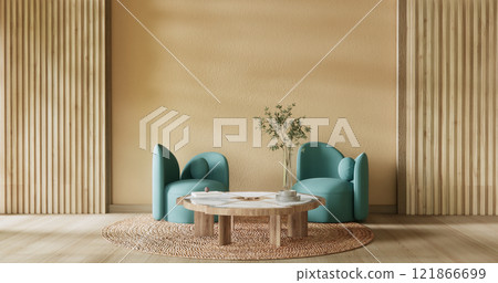 Mocha concept Scene living room have green sofa and decoration wooden minimalist design, room japanese style. 121866699