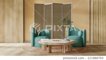 Mocha concept Scene living room have green sofa and decoration wooden minimalist design, room japanese style. Mocha concept Scene living room have green sofa and decoration wooden minimalist design, room japanese style. 121866703