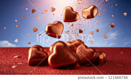 Image of heart-shaped chocolates falling from the sky Valentine's Day 121866786
