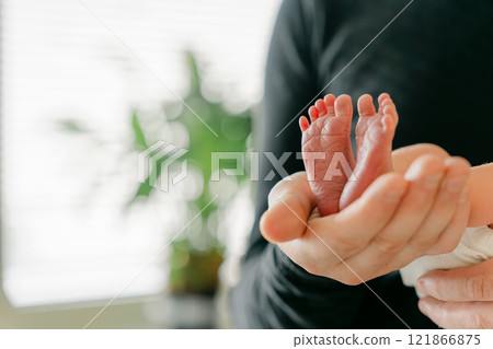 Baby's feet supported by father's hands 121866875