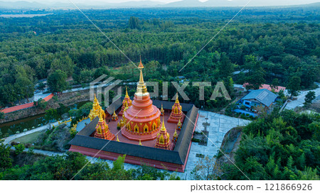 Aerial view of beautiful pagoda at Wat Prathat Doi Pra Chan Lampang. 121866926