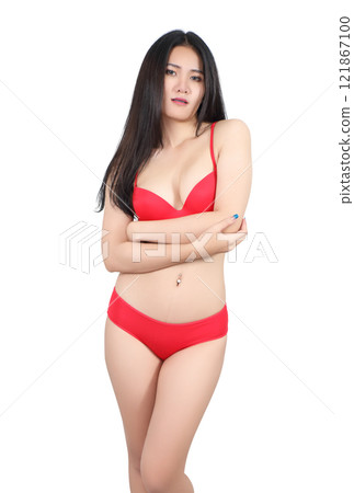 image of woman and red bikini in studio on white background image of woman and red bikini in studio on white background 121867100
