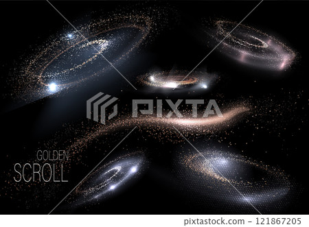 Isolated set of spiral shapes in golden, copper tones with chaotic tinsel on black background 121867205
