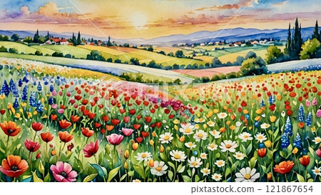 Flower field bathed in the setting sun 121867654