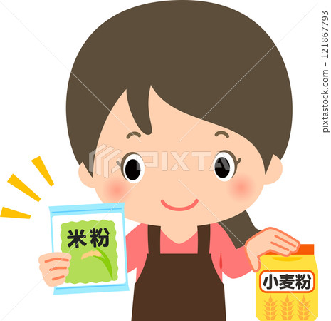 穿著圍裙的女人放下麵粉，拿起米粉 121867793
