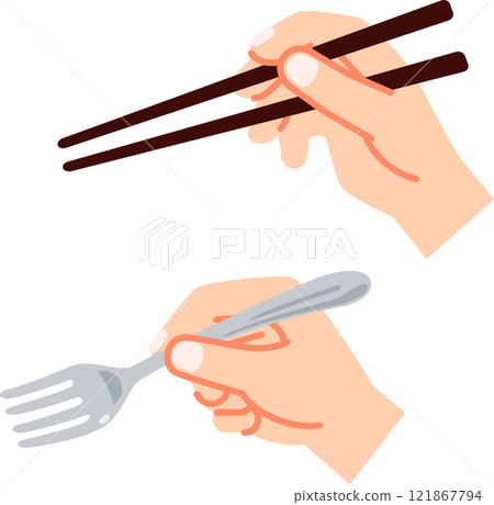 Hands holding chopsticks and fork 121867794
