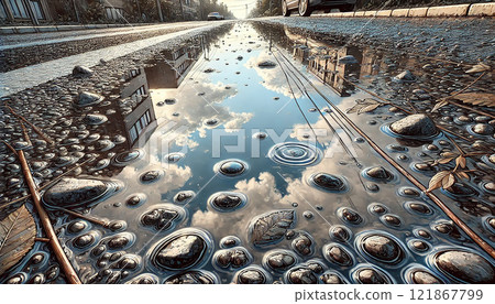 A relaxing natural landscape illustration of ripples created by water droplets and the reflection of blue sky A relaxing natural landscape illustration of ripples created by water droplets and the reflection of blue sky 121867799
