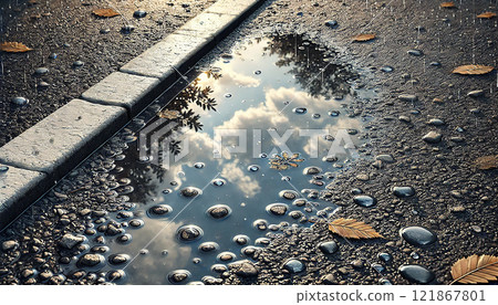 A relaxing natural landscape illustration of ripples created by water droplets and the reflection of blue sky 121867801