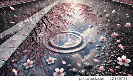 A delicate spring landscape illustration featuring cherry blossom petals and reflections in a puddle 121867814