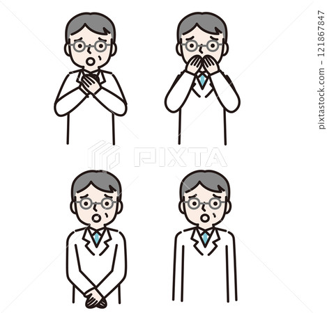A man in a white coat wearing glasses with a troubled face (upper body): Illustration material A man in a white coat wearing glasses with a troubled face (upper body): Illustration material 121867847
