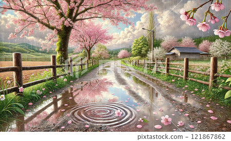 An idyllic spring landscape illustration of rain-soaked cherry blossom trees and reflections in puddles 121867862