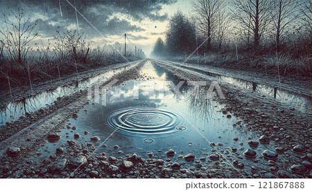 一幅奇妙的風景插圖，描繪了一條多雨的鄉村道路和水坑中的漣漪。 121867888