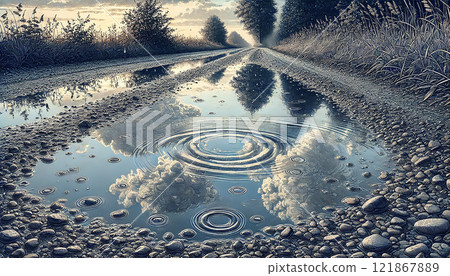 一幅奇妙的風景插圖，描繪了一條多雨的鄉村道路和水坑中的漣漪。 121867889