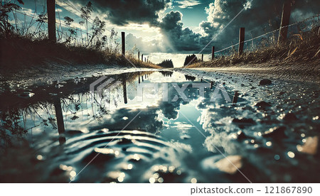 A fantastic landscape illustration of a rainy country road and ripples in a puddle 121867890
